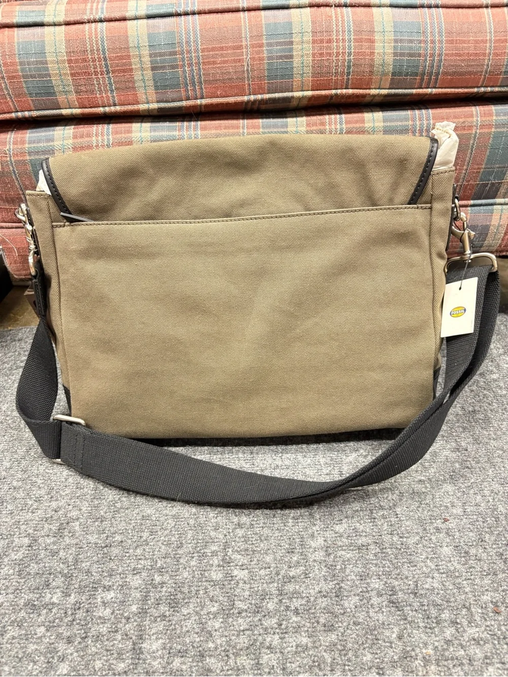 New Fossil Olive Canvas Graham Messenger Bag with Dark Leather Brown Trim